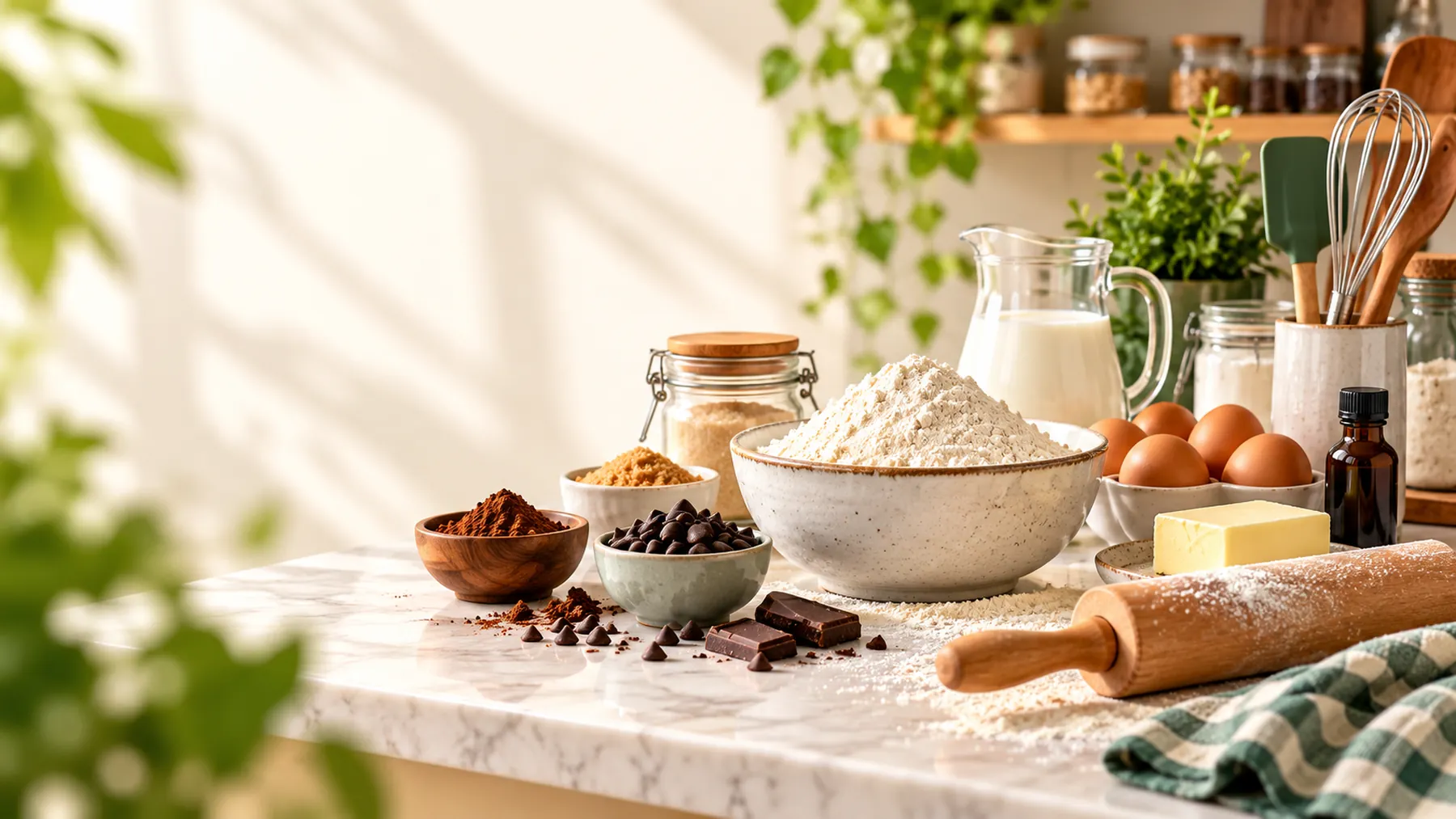 Flour, eggs, milk and baking ingredients in a sunlit kitchen