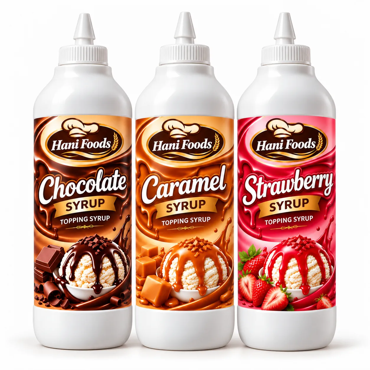 Hani Foods 3 Topping Syrups Bundle - Chocolate, Caramel, Strawberry
