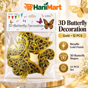 3D Butterfly Decoration – Black & Gold, 12 pcs