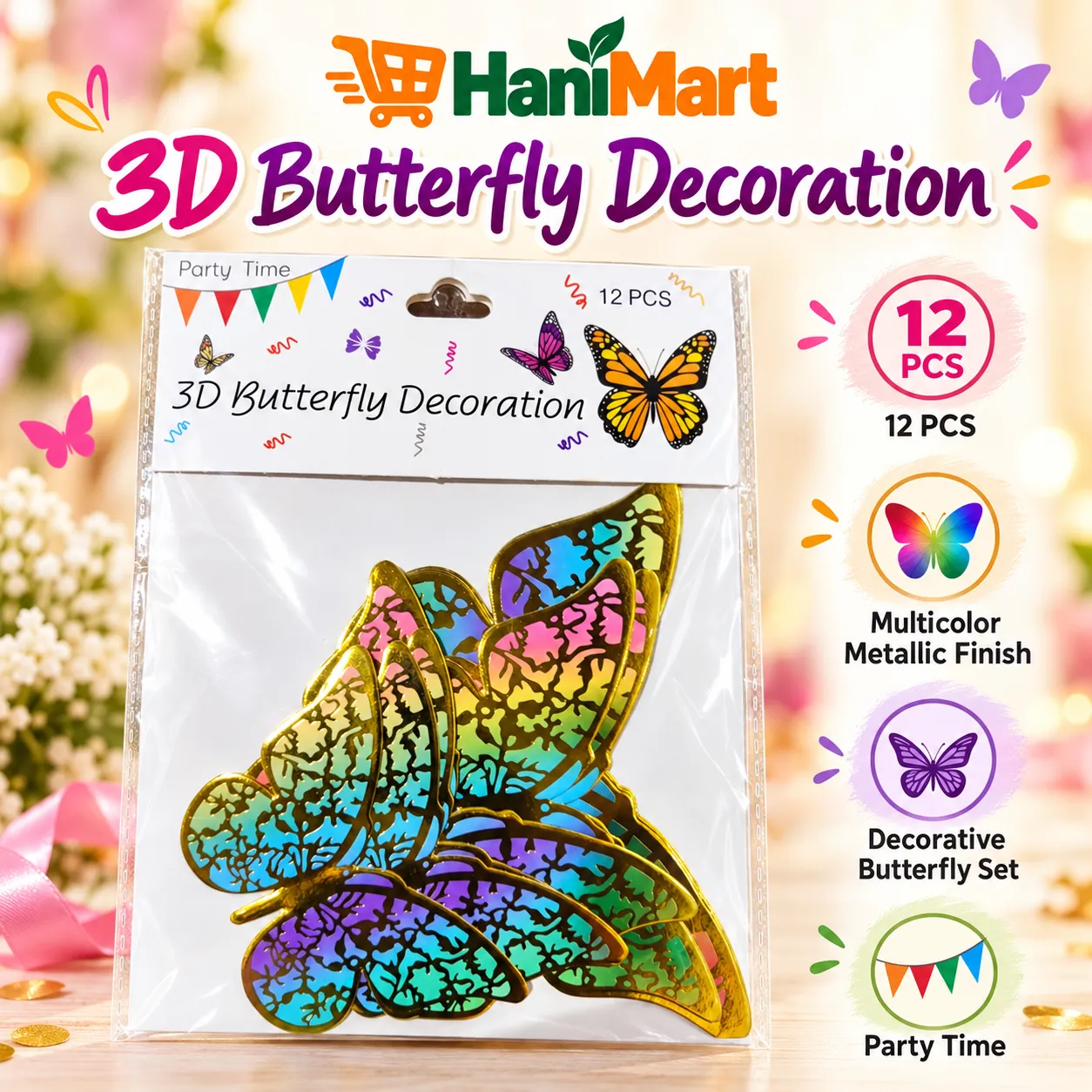 3D Butterfly Decoration – Multicolor, 12 pcs