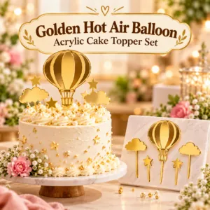 Golden Hot Air Balloon Acrylic Cake Topper Set — 5 PCS in 1 Pack